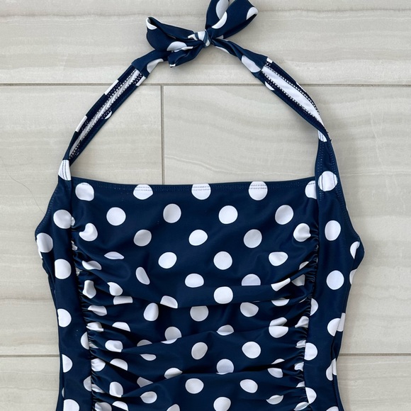 One Piece Retro Navy & White Polka Dot Swimsuit L - Picture 4 of 4